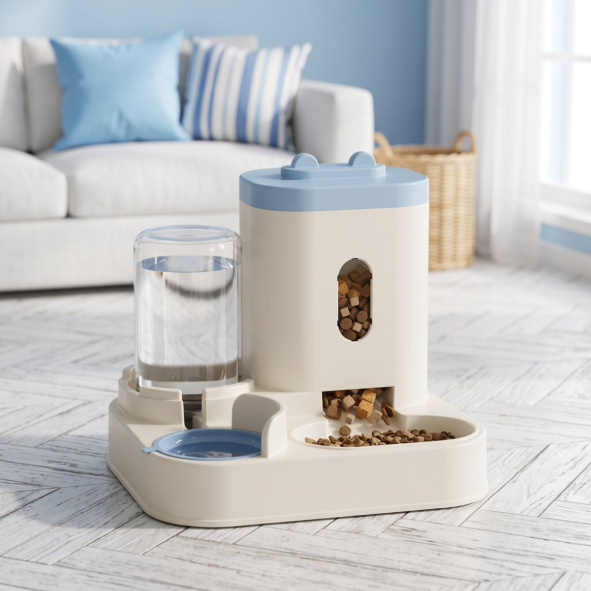 Distributeur automatique croquettes et eau 2-en-1 CROQEO coloris bleu, dans un salon esprit bord de mer