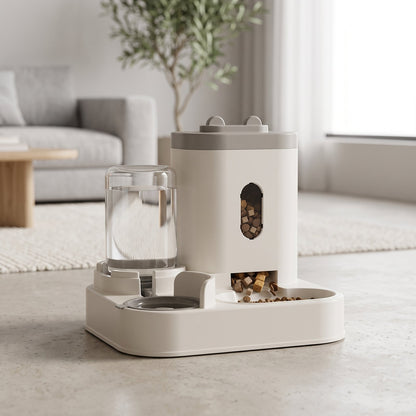 Distributeur automatique croquettes et eau 2-en-1 CROQEO coloris gris, dans un salon minimaliste