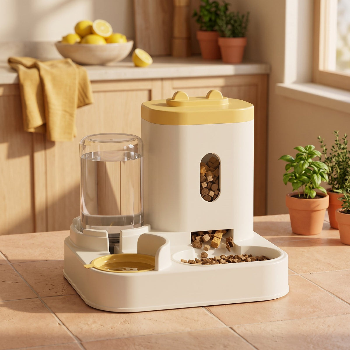 Distributeur automatique croquettes et eau 2-en-1 CROQEO coloris jaune, dans une cuisine ensoleillée