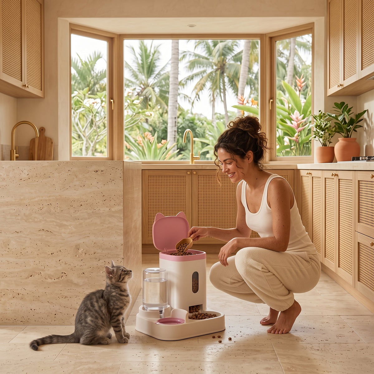 Femme en tenue d'intérieur remplissant le distributeur 2-en-1 CROQEO rose dans une cuisine lumineuse, sous le regard de son chaton