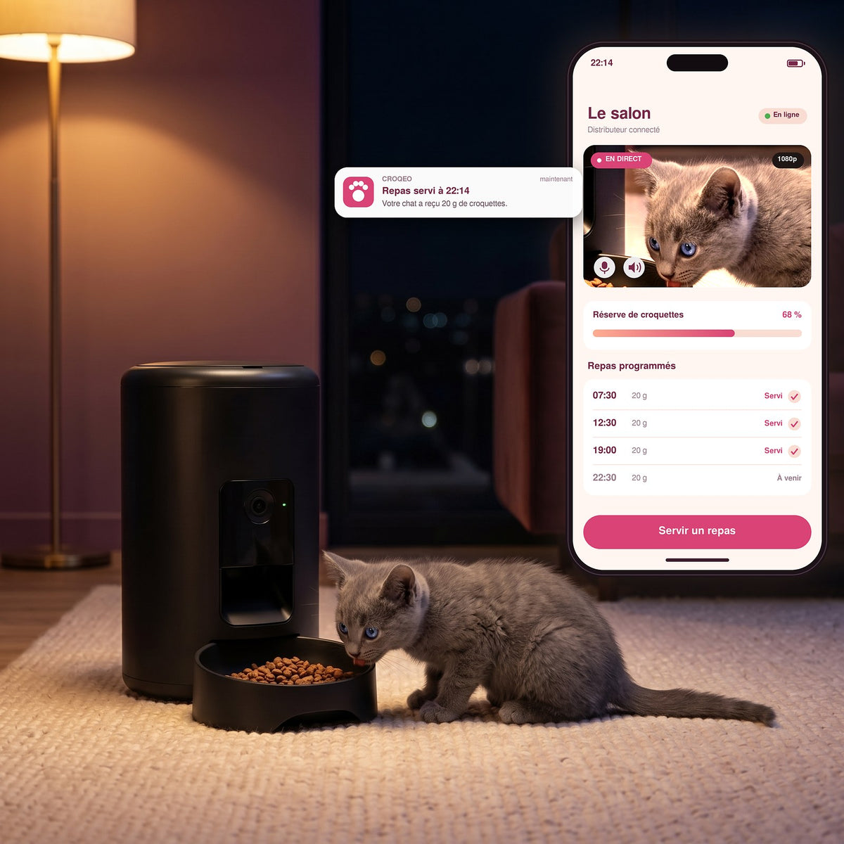 Application Croqeo Vision+ : chat en direct, réserve de croquettes, repas programmés et bouton Servir un repas
