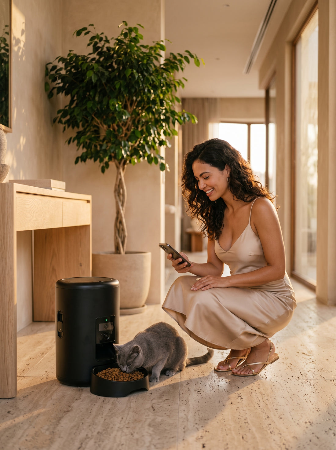 Femme en robe satin prête à sortir, qui sourit à son téléphone pendant que son chat mange au Croqeo Vision+